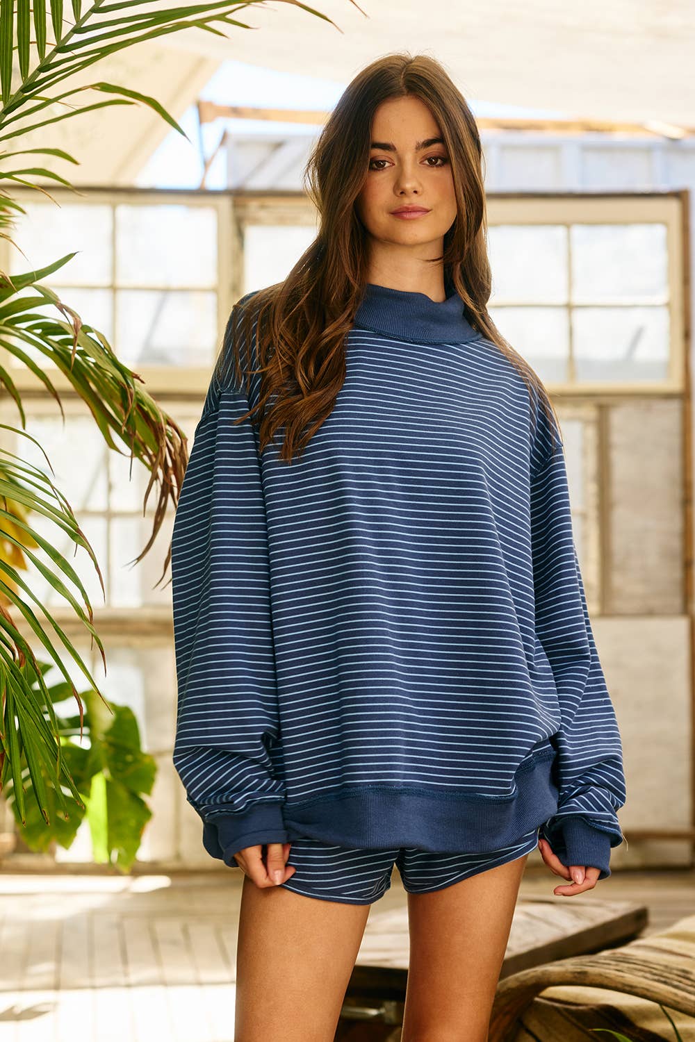 Stripe Print Mock Neck Oversized Sweatshirt-Navy