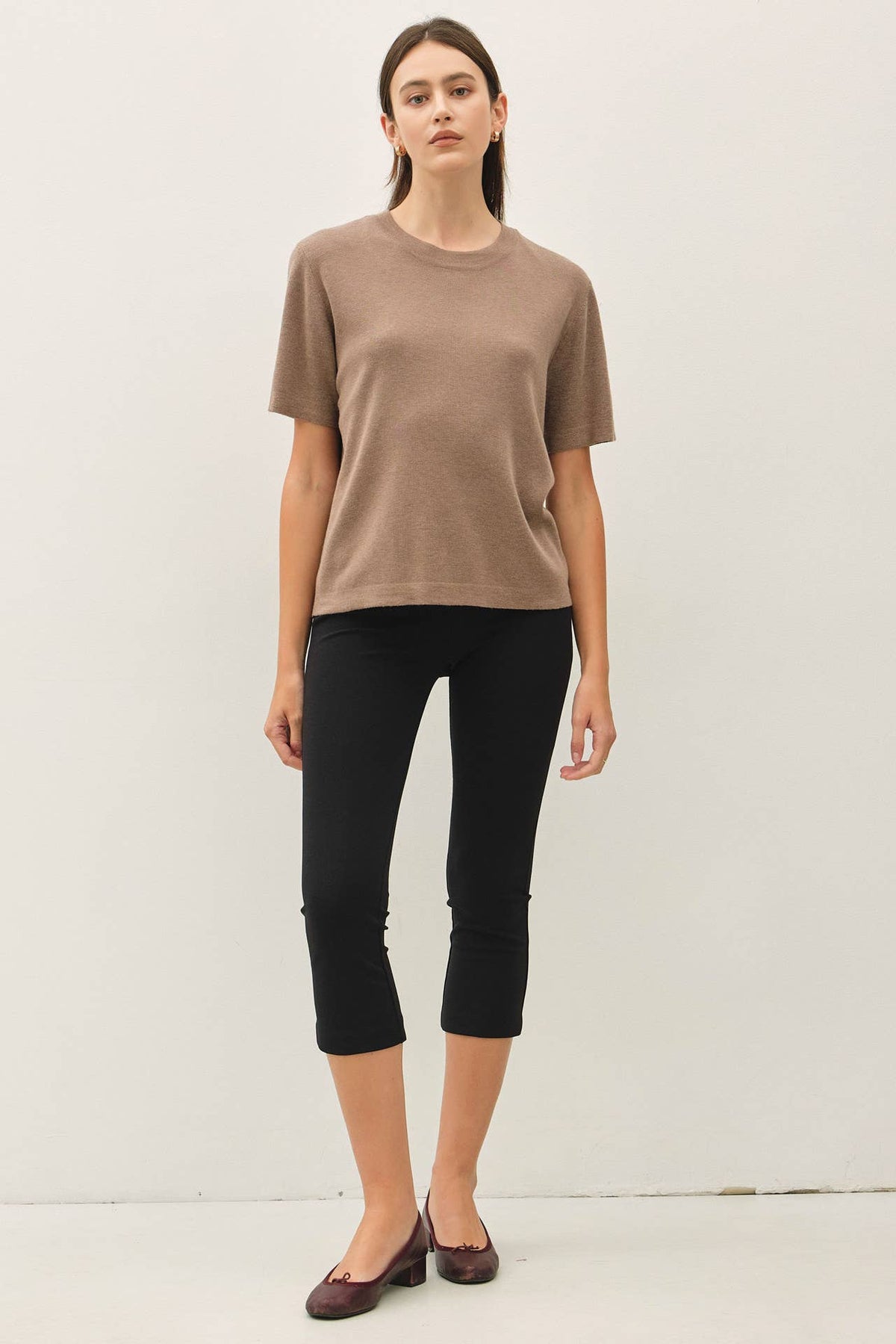 Cashmere Blended Short Sleeve Sweater - Mocha