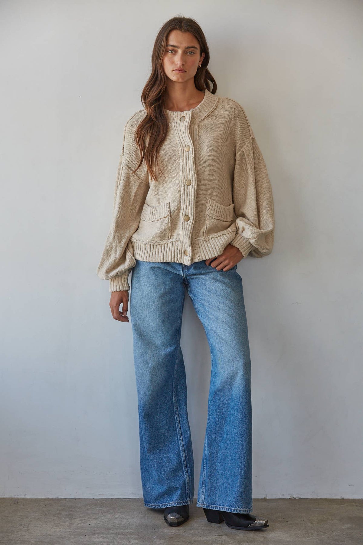 Knit Sweater Jacket/Cardigan-Sand