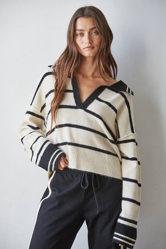By Together Striped V-Neck Collar Sweater - Cream/Black