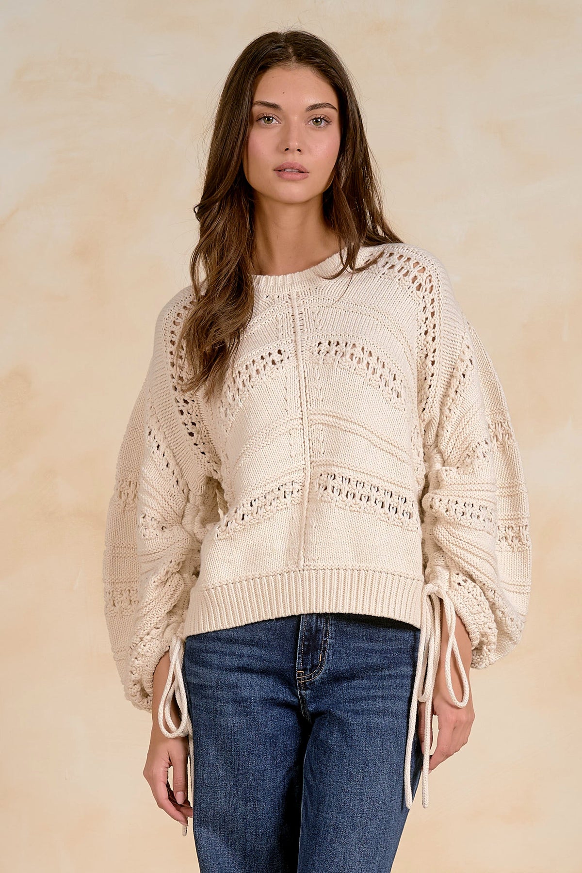 Elan Open Knit Tie Sweater - Off White front view