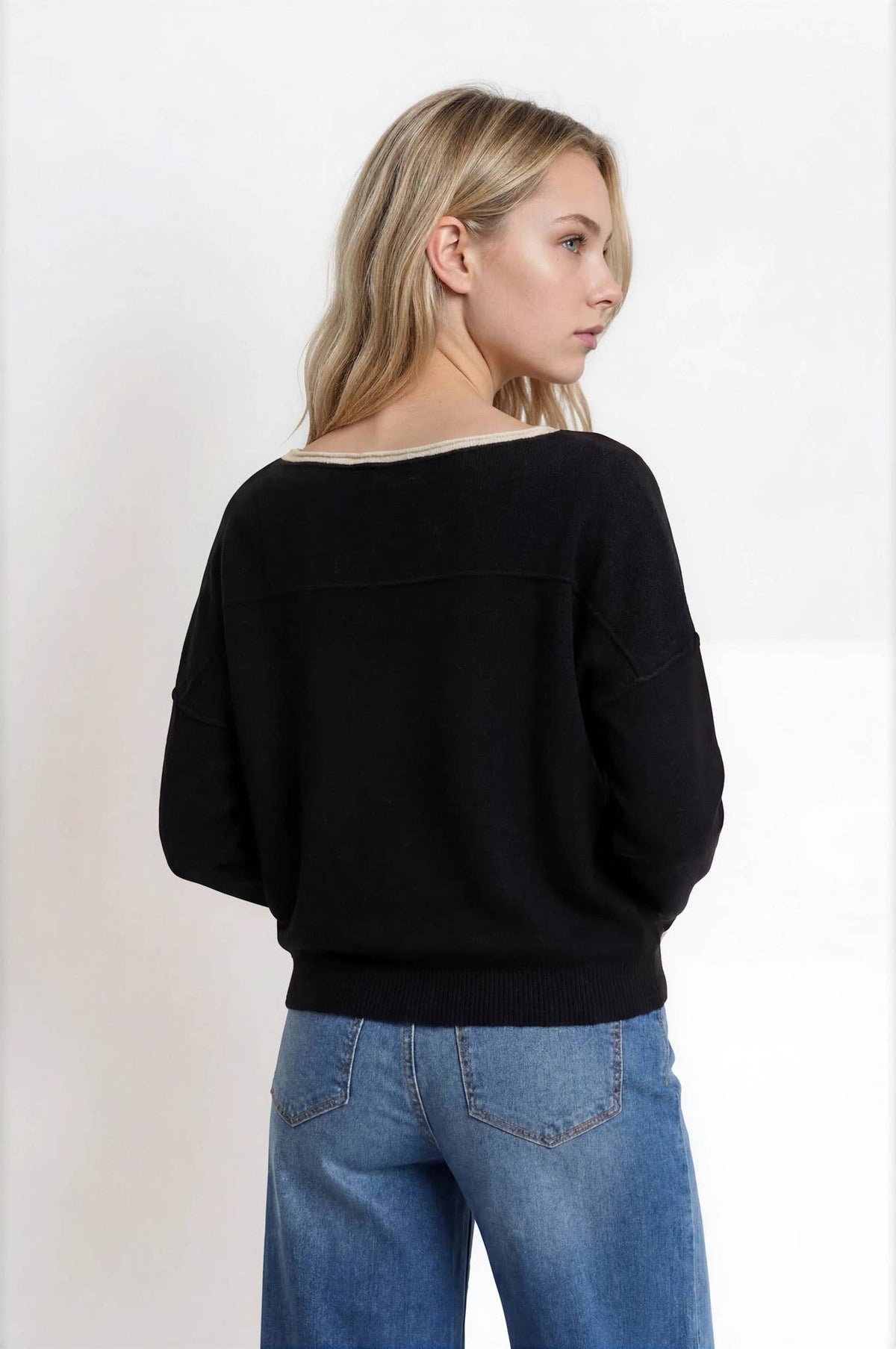 Blu Pepper Contrast Trim Off Shoulder Sweater Black back