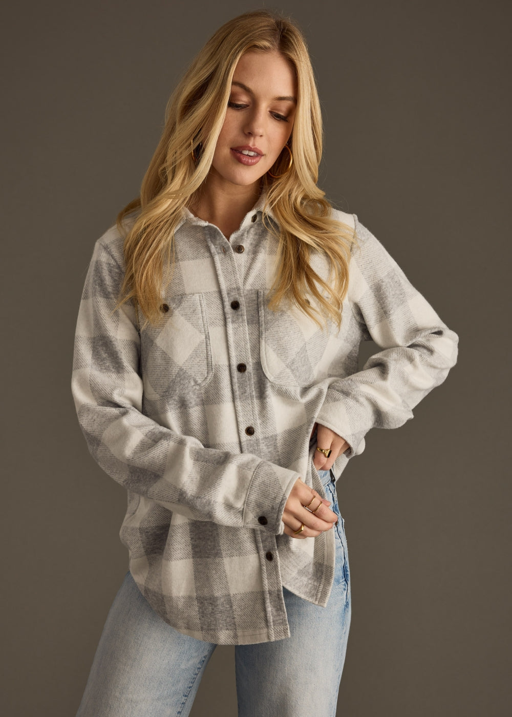 Panache Light Gray and White Plaid Super Soft Button Up - back view