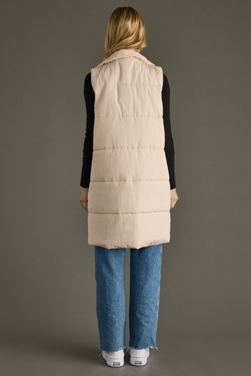 Panache Long Puffer Vest in Cream - side view