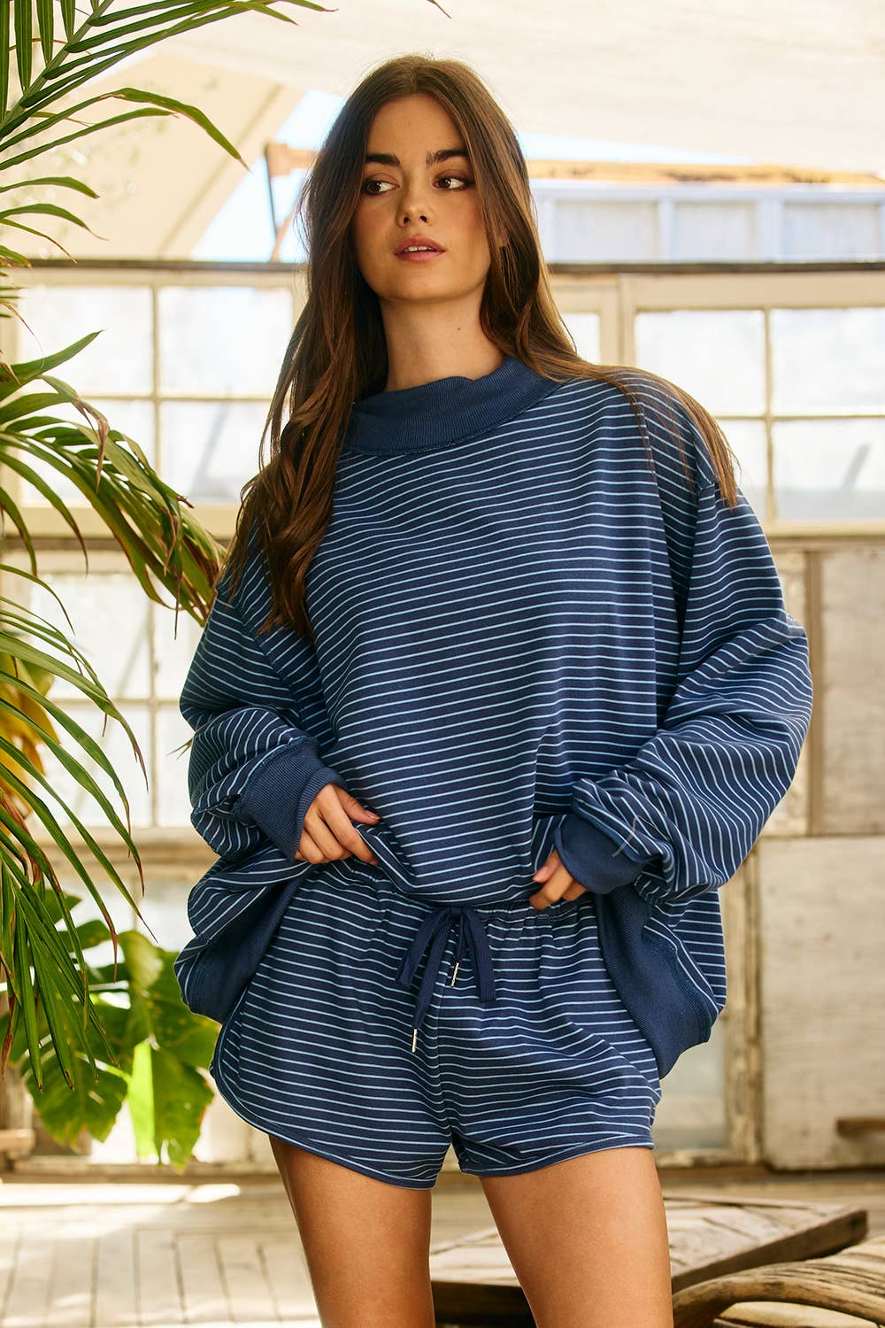 Stripe Print Mock Neck Oversized Sweatshirt-Navy