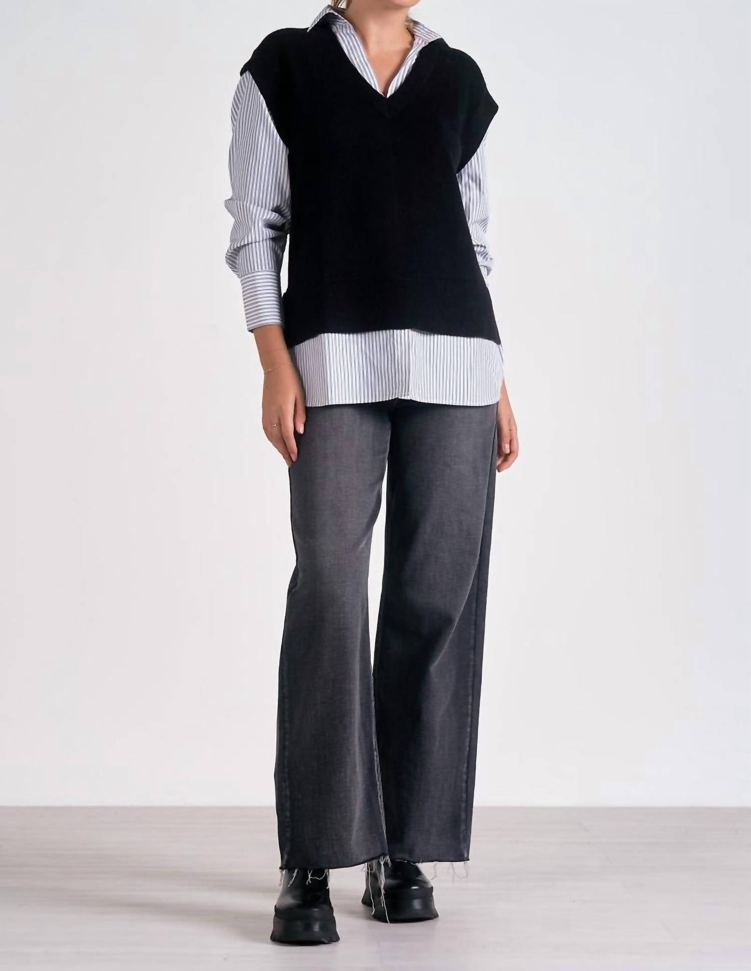 Elan Deep V Sweater Vest in Black, front view