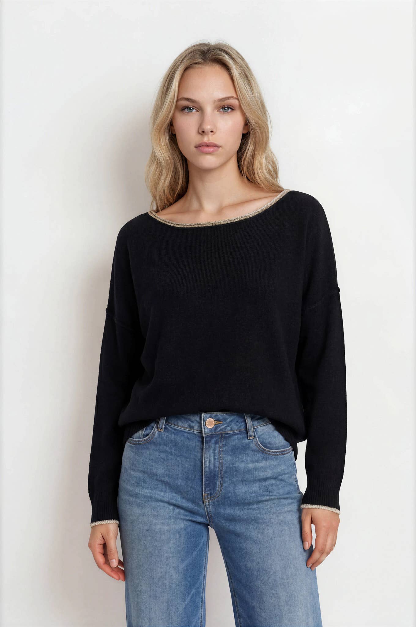 Blu Pepper Contrast Trim Off Shoulder Sweater Black front