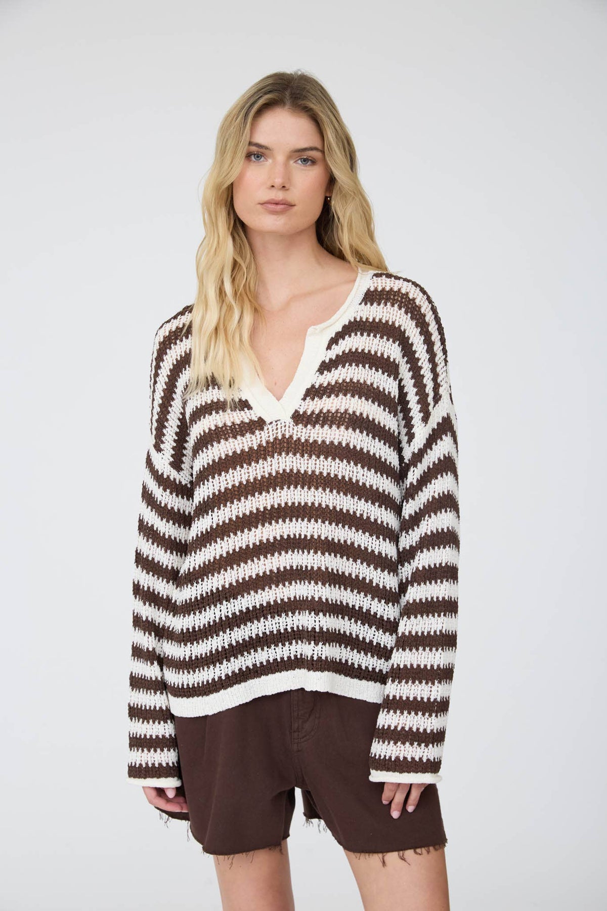 Blu Pepper Stripe Raw Edge Split Neck Sweater Oatmeal front