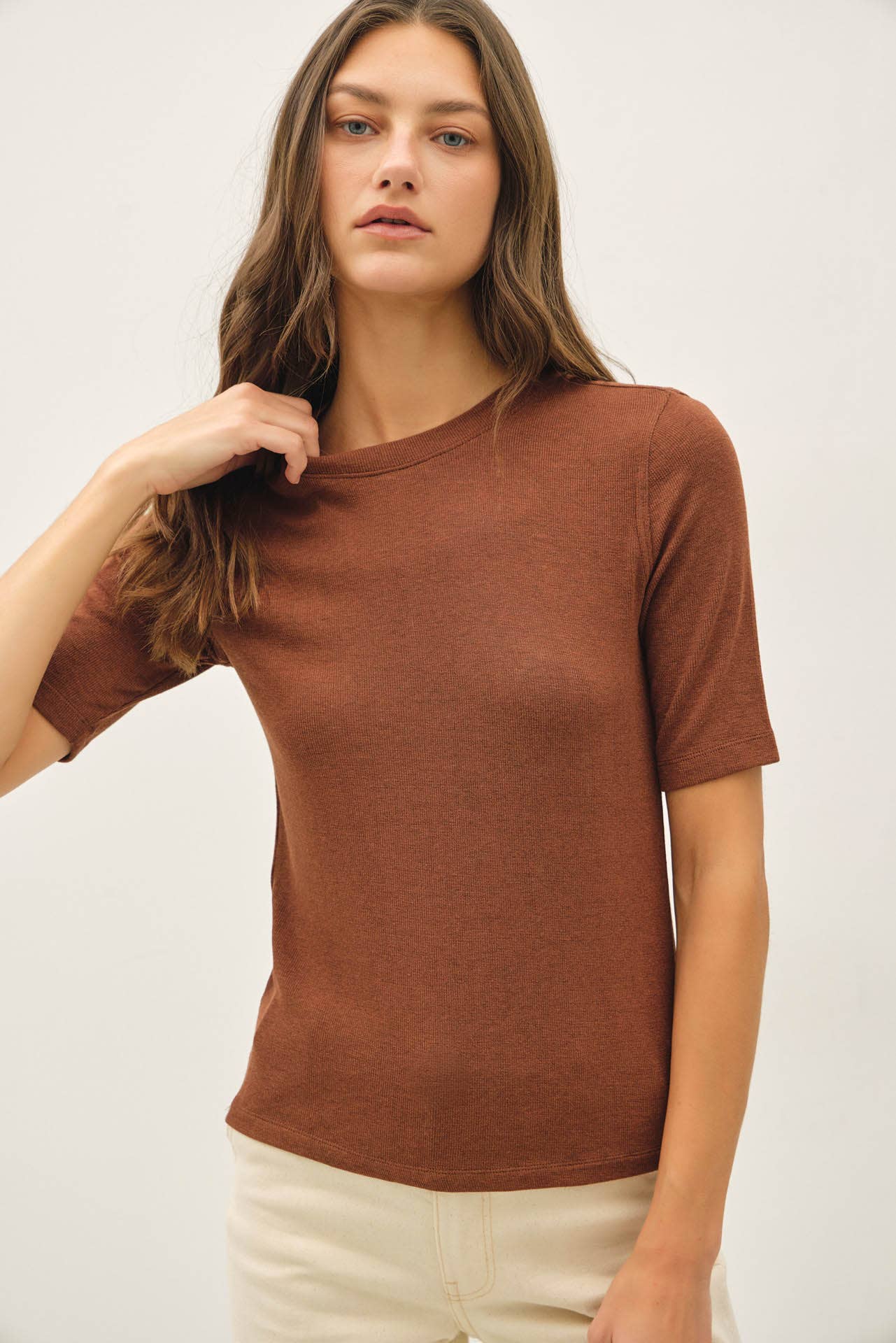 Modal Ribbed Crewneck-Rust