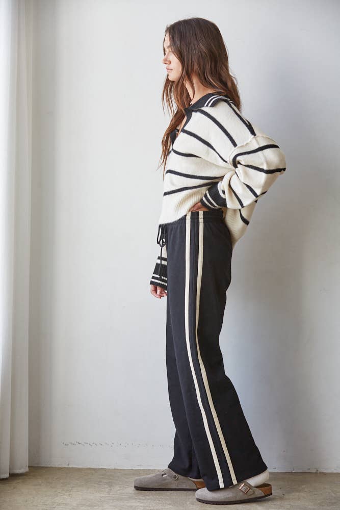 By Together Striped V-Neck Collar Sweater - Cream/Black