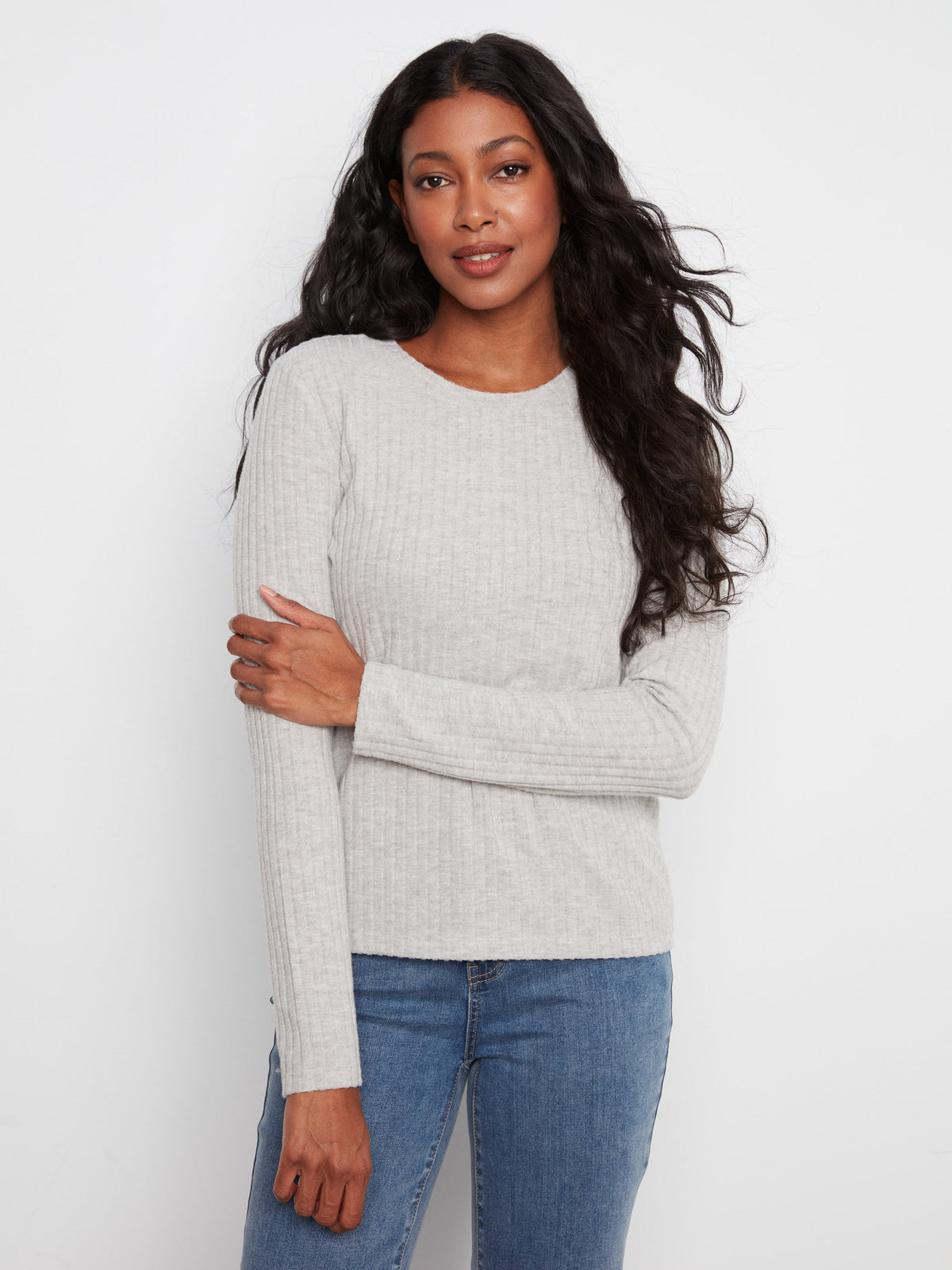 Charlie B Long Sleeve Crew Neck Top in Heather Grey - front