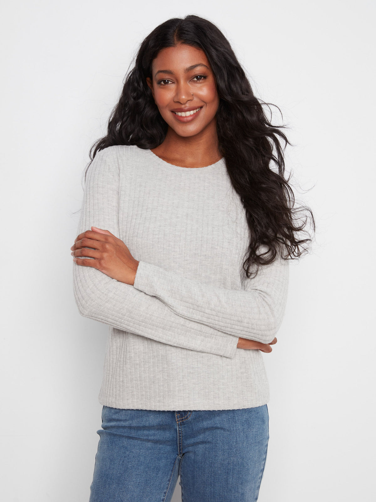 Charlie B Long Sleeve Crew Neck Top in Heather Grey - detail