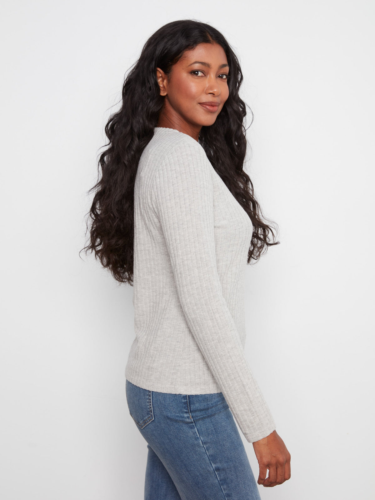 Charlie B Long Sleeve Crew Neck Top in Heather Grey - side