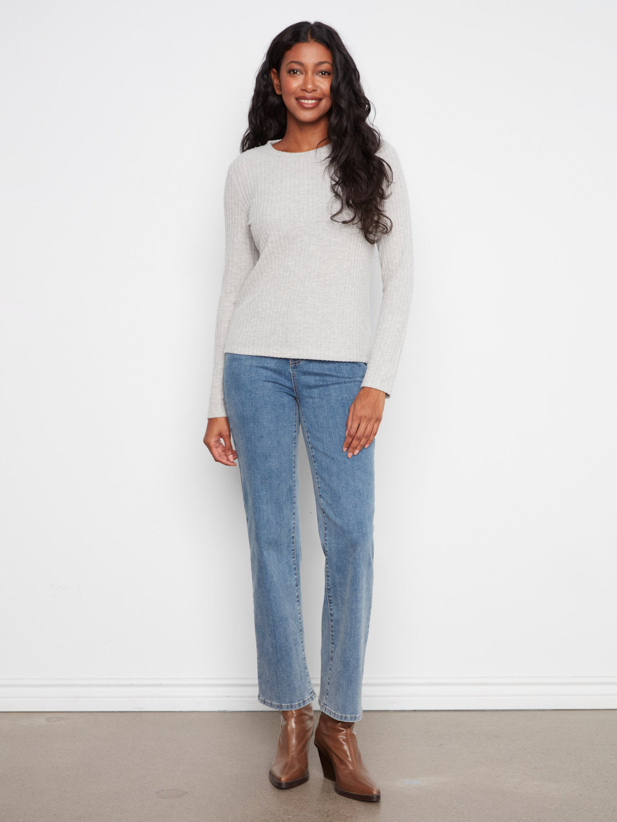 Charlie B Long Sleeve Crew Neck Top in Heather Grey - back