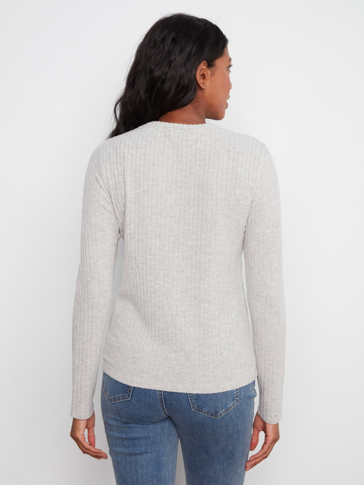 Charlie B Long Sleeve Crew Neck Top in Heather Grey - styled