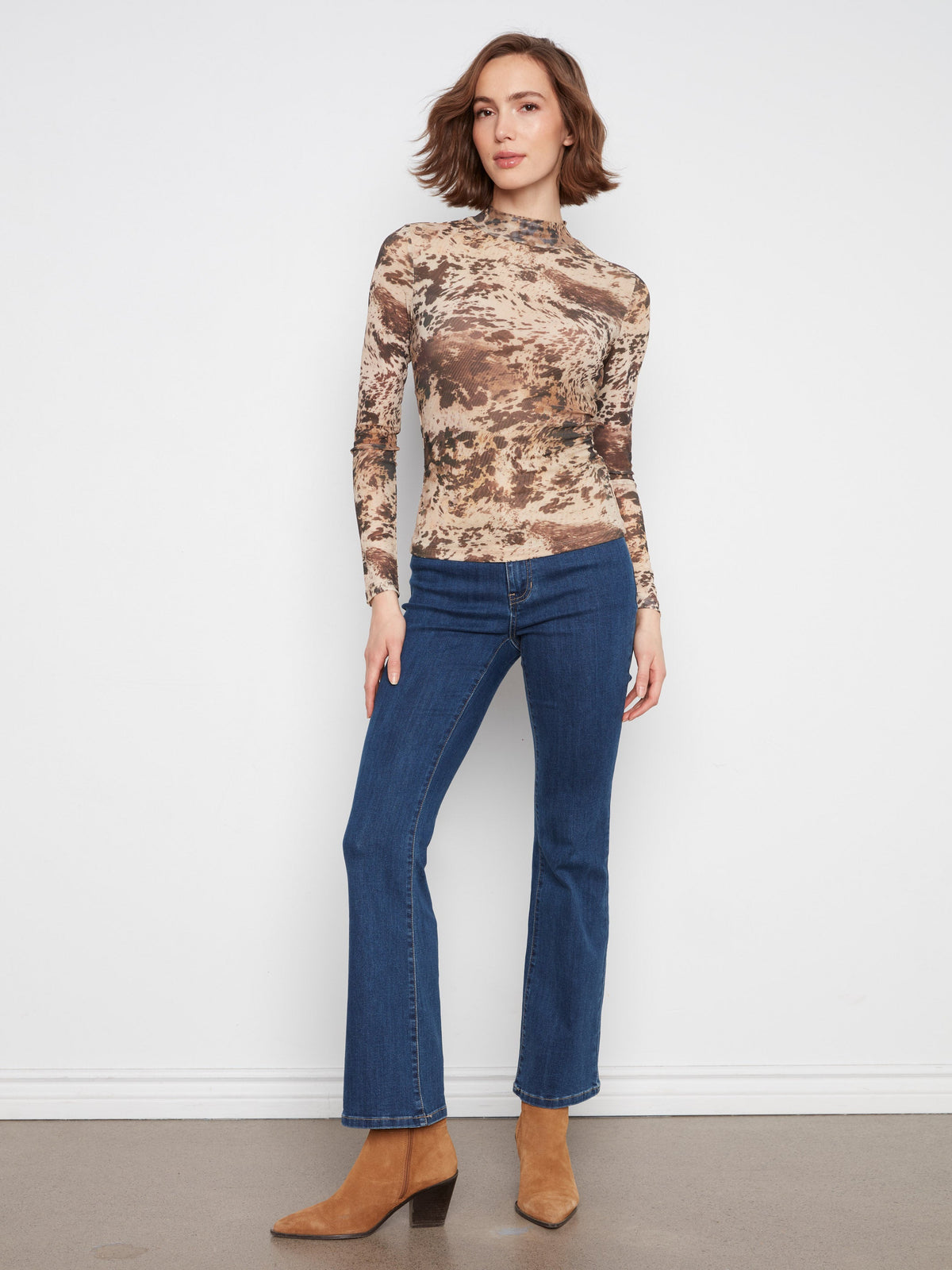 Charlie B Mock Neck Mesh Top in Champetre - styled