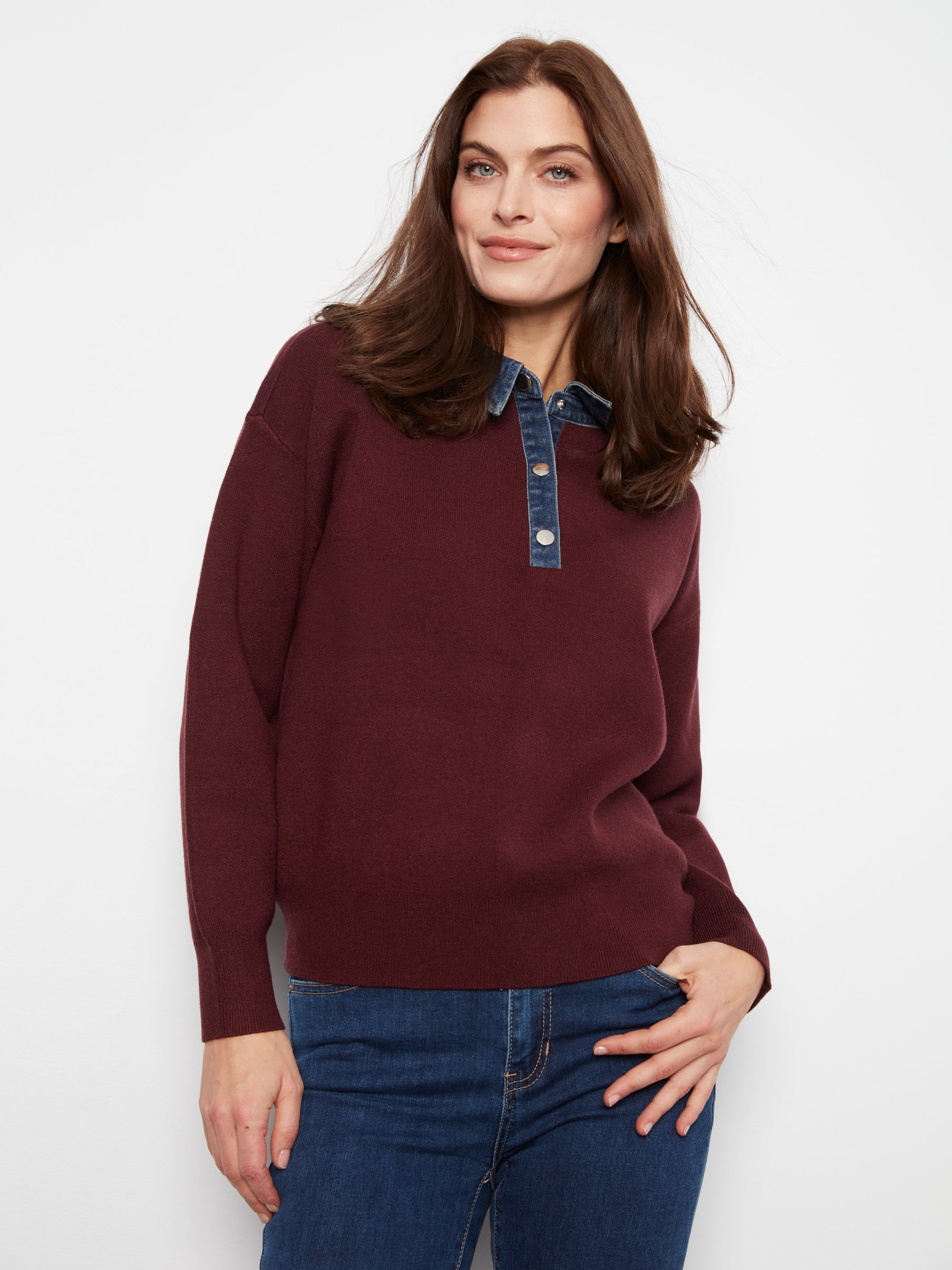 Charlie B Polo Sweater in Merlot - front