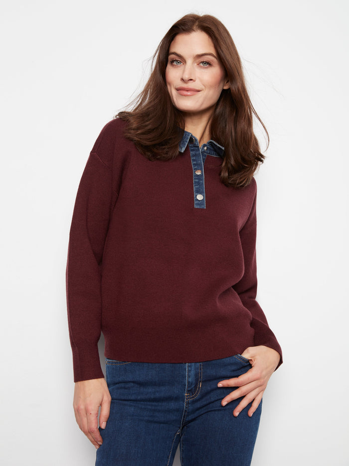 Charlie B Polo Sweater in Merlot - front