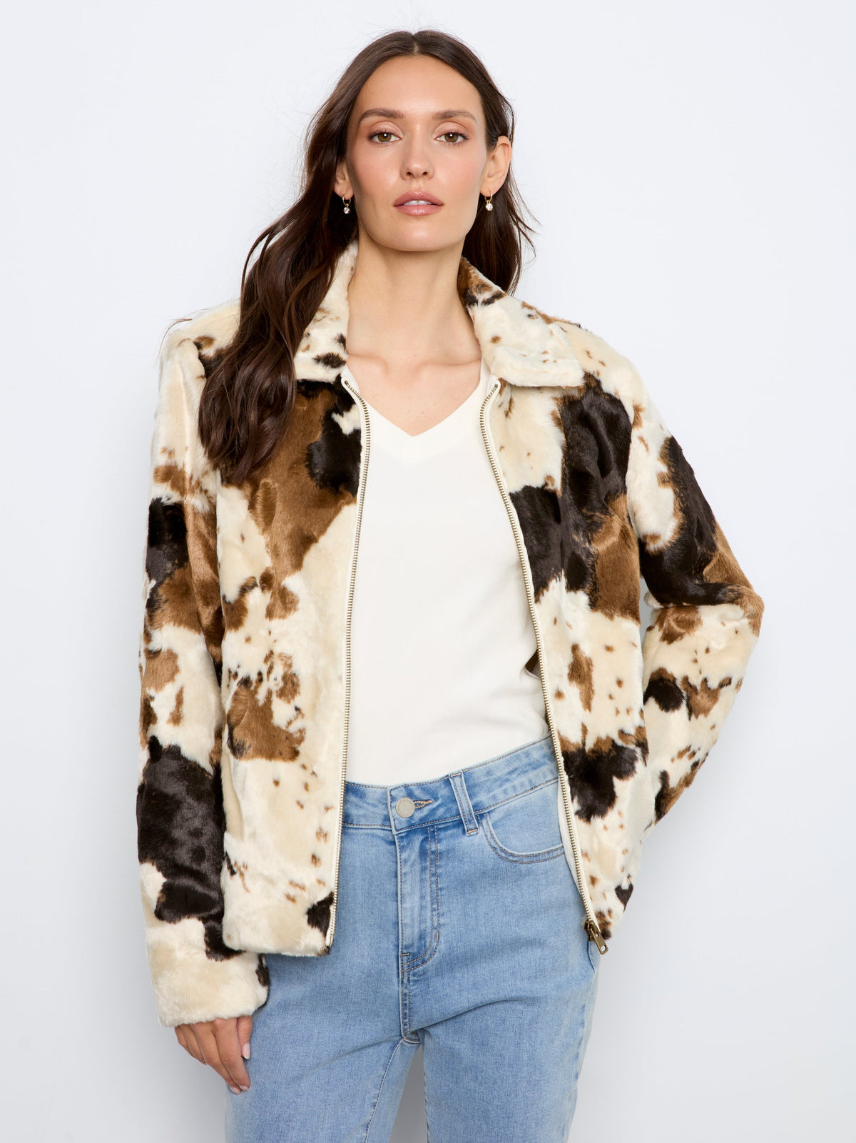 Charlie B Fur Jacket in Cow Pattern - front