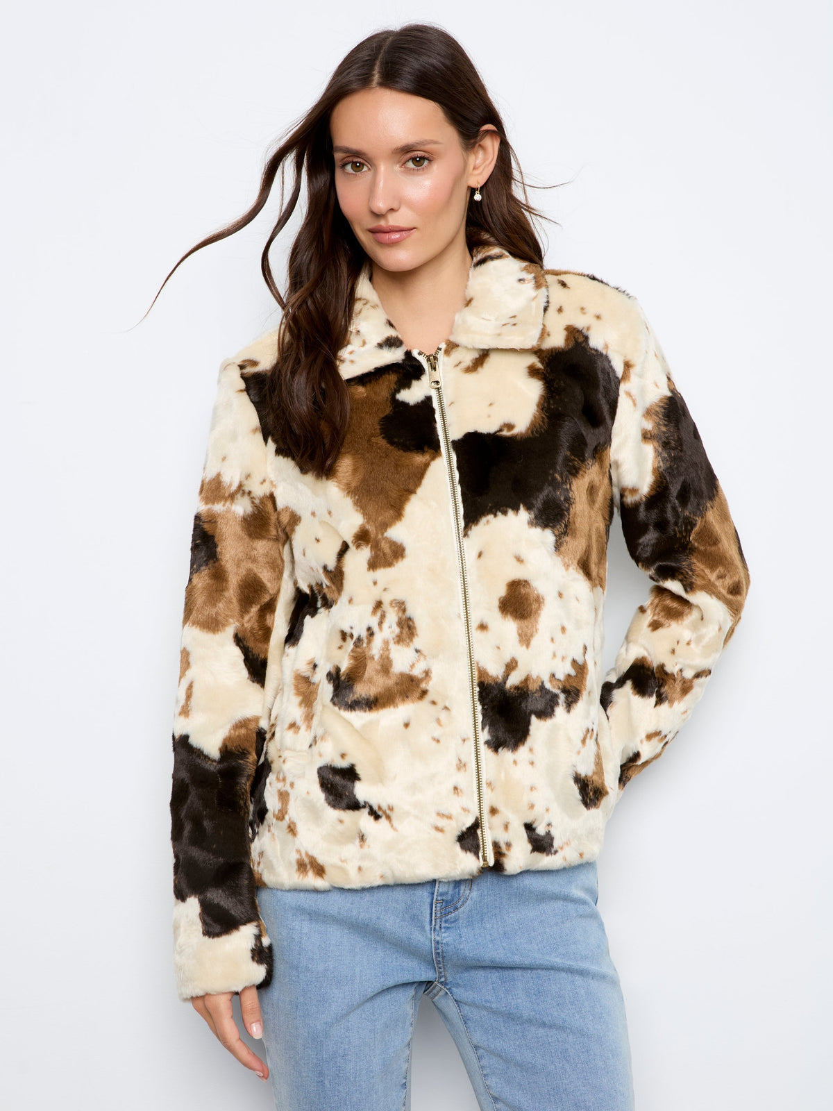 Charlie B Fur Jacket in Cow Pattern - side