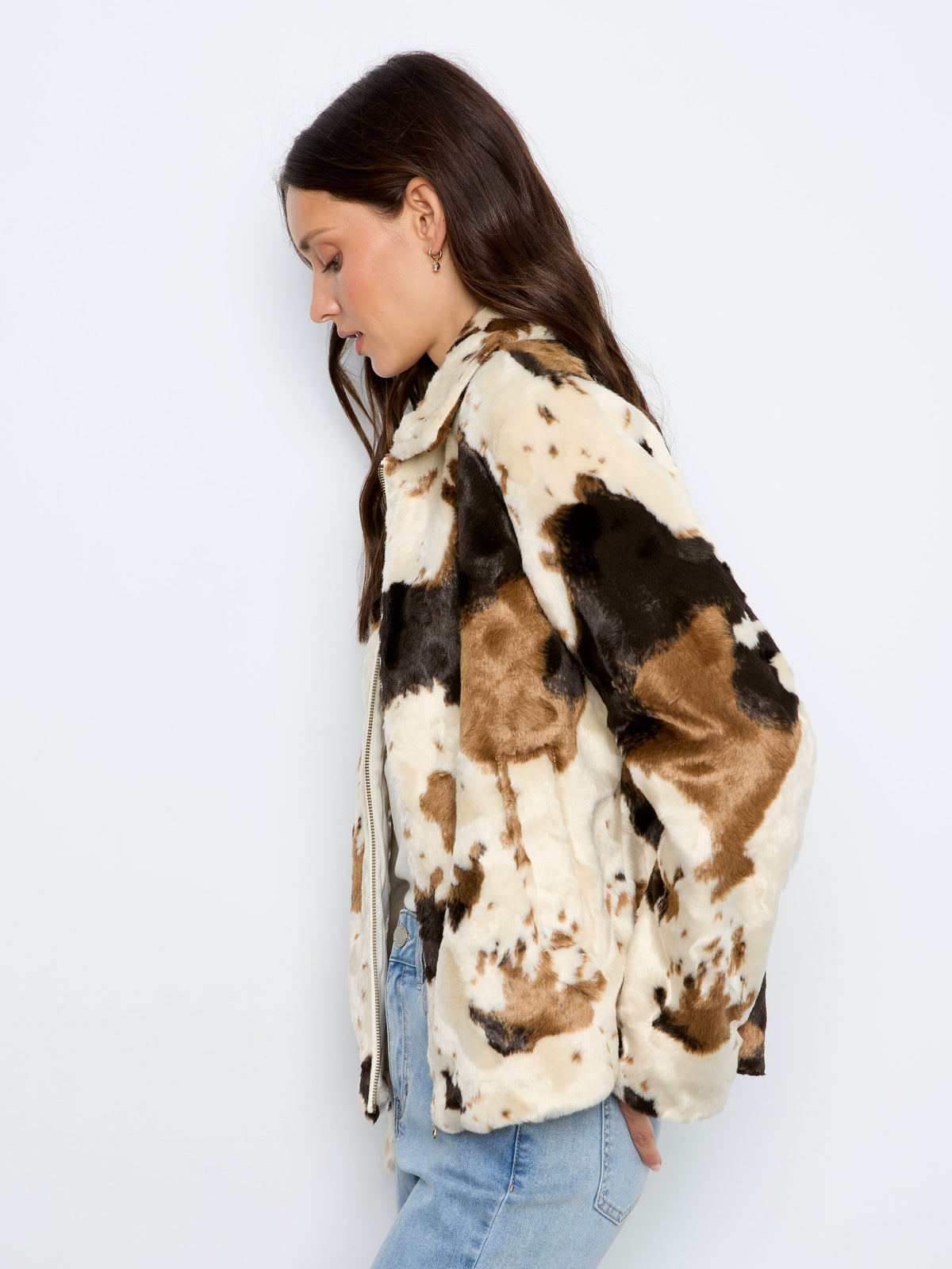 Charlie B Fur Jacket in Cow Pattern - fabric close-up