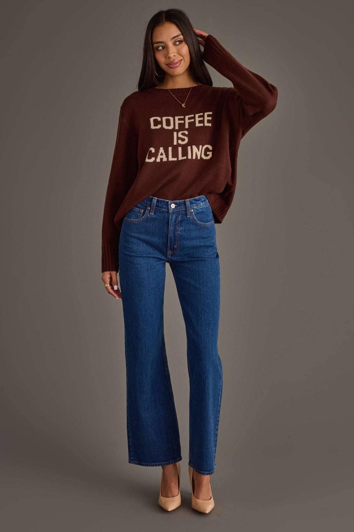 Panache Coffee Is Calling Sweater in Brown - full body view