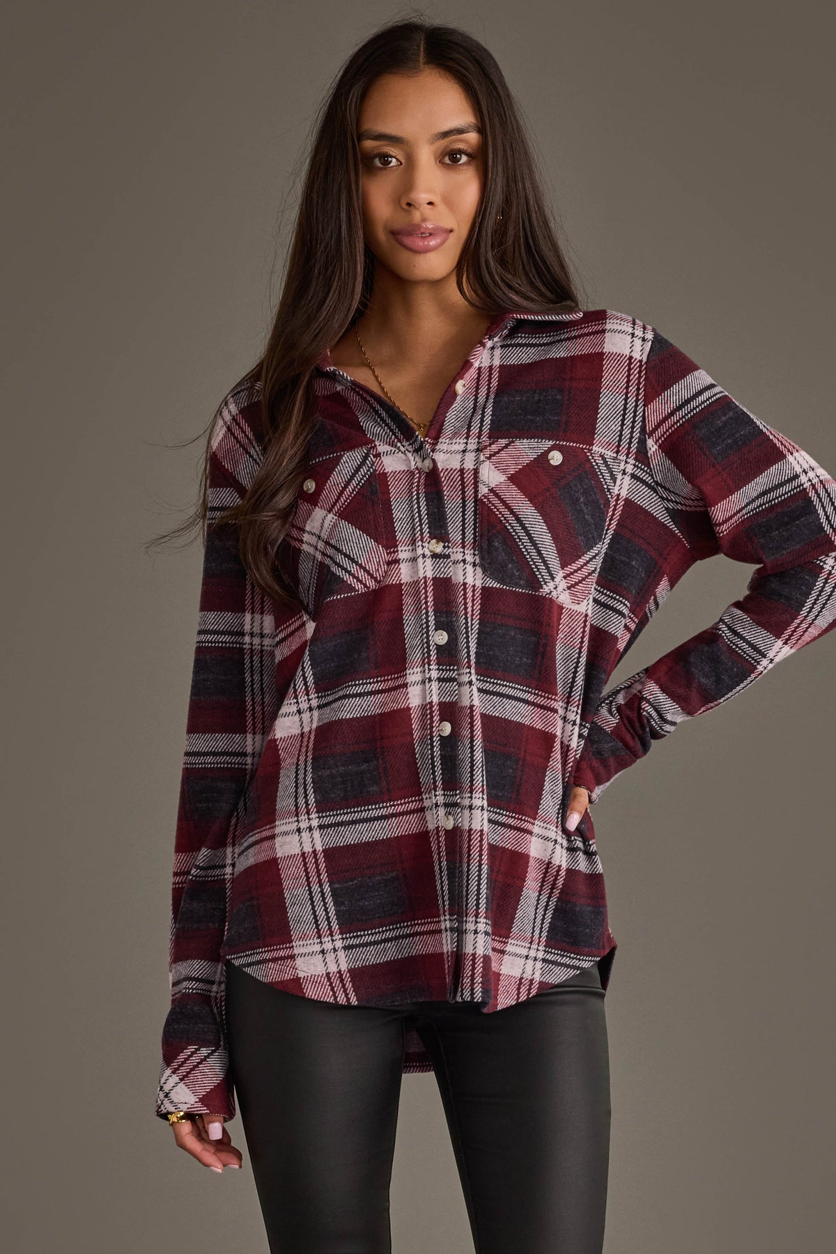 Panache Maroon, Charcoal and White Plaid Button Up - side view