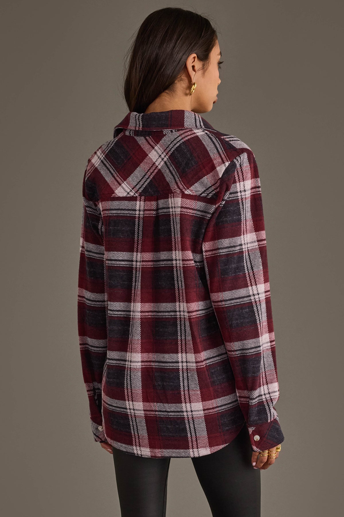 Panache Maroon, Charcoal and White Plaid Button Up - back view