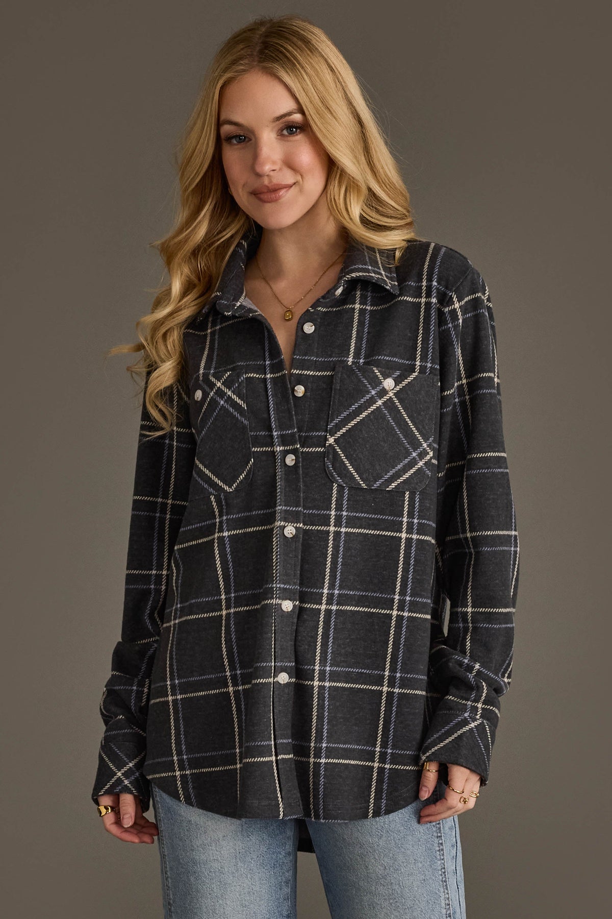Panache Dark Gray, Light Blue and White Plaid Button Up - side view