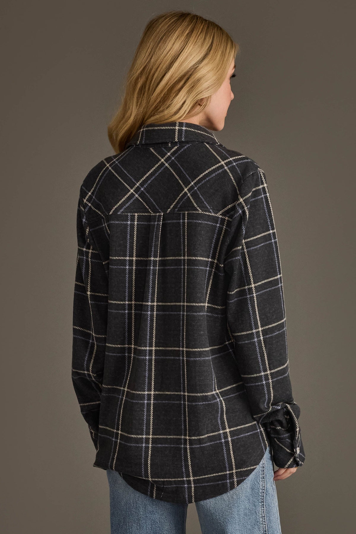 Panache Dark Gray, Light Blue and White Plaid Button Up - back view