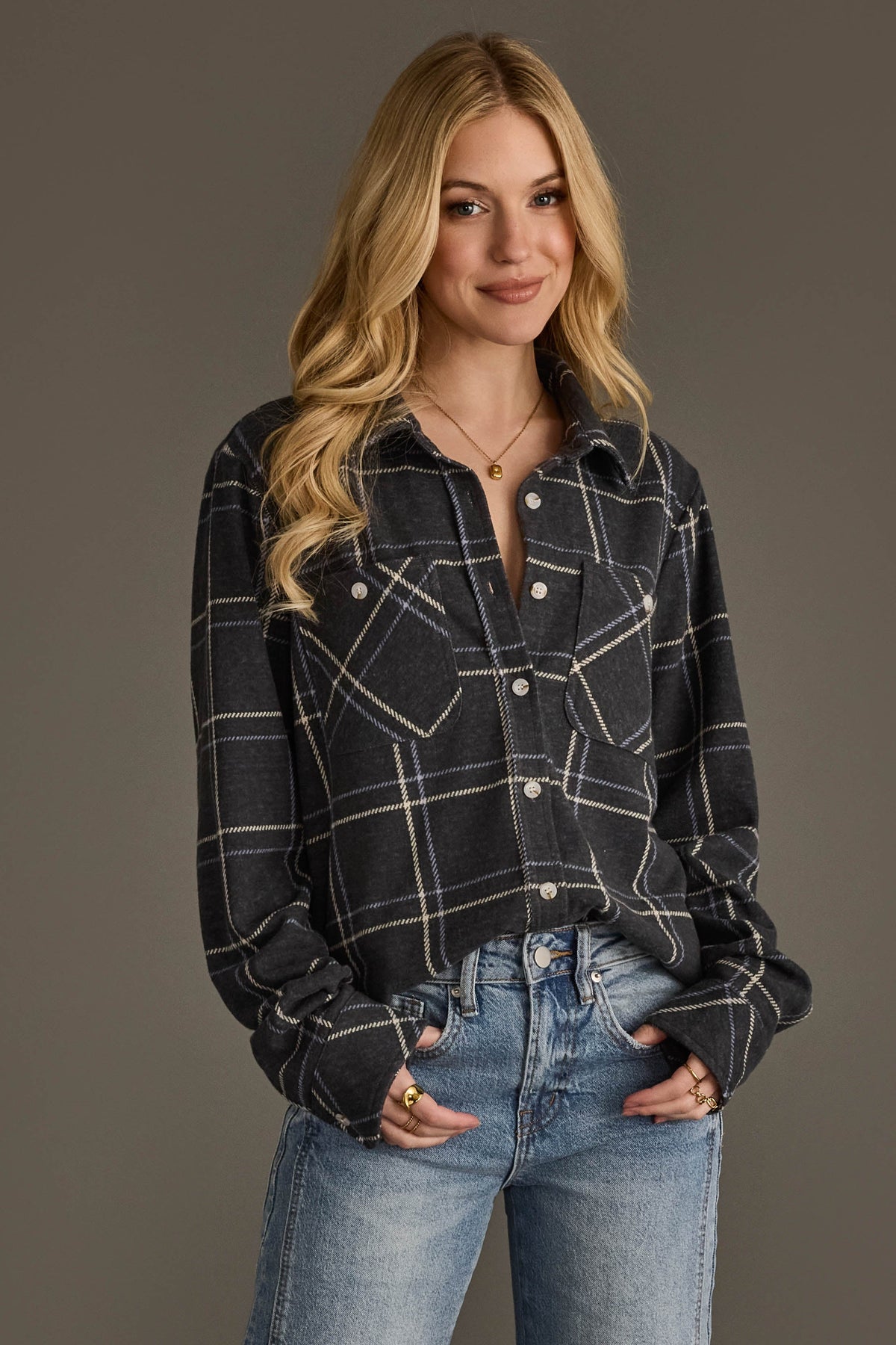 Panache Dark Gray, Light Blue and White Plaid Button Up - front view
