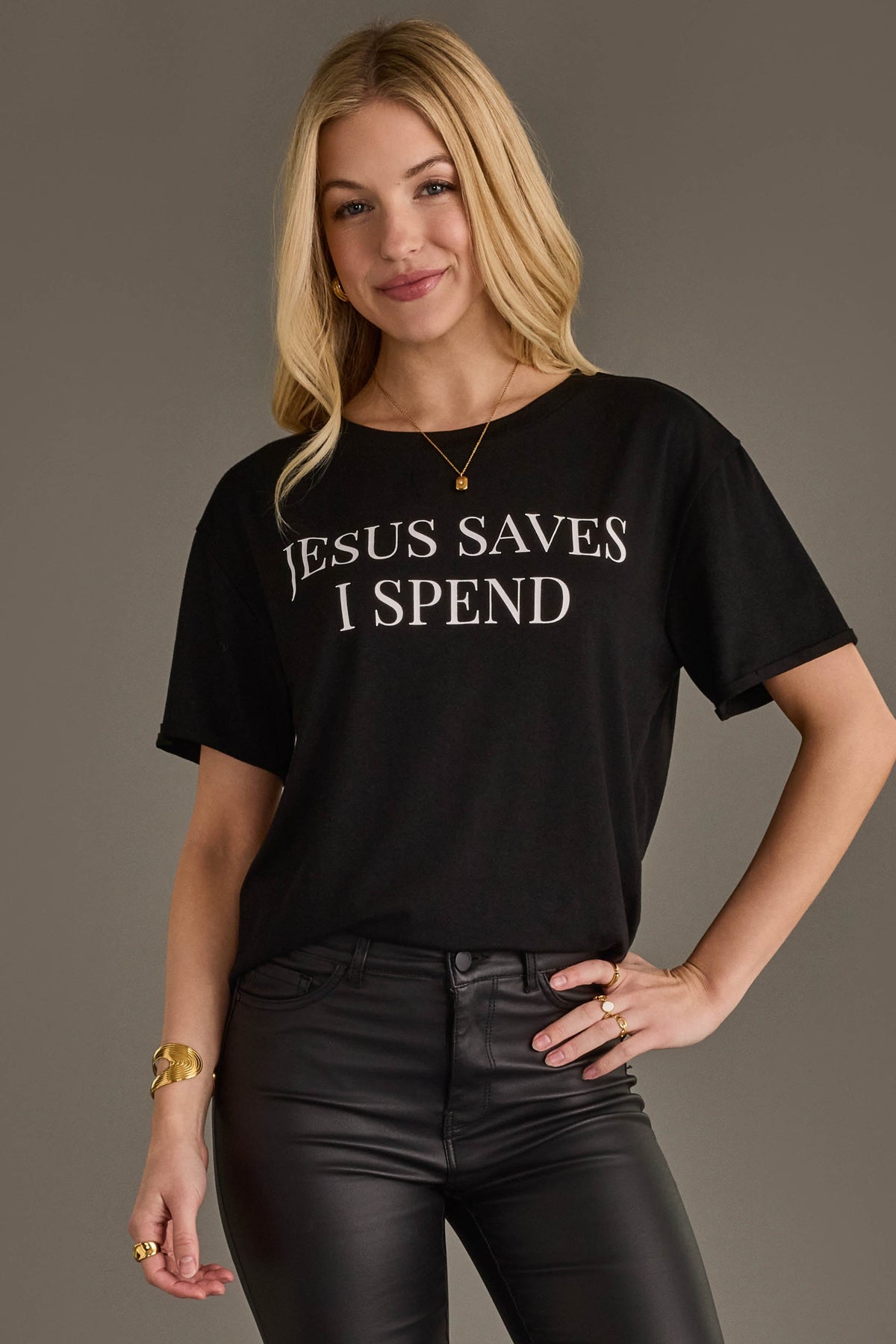 Panache Jesus Saves, I Spend Tee in Black - front view