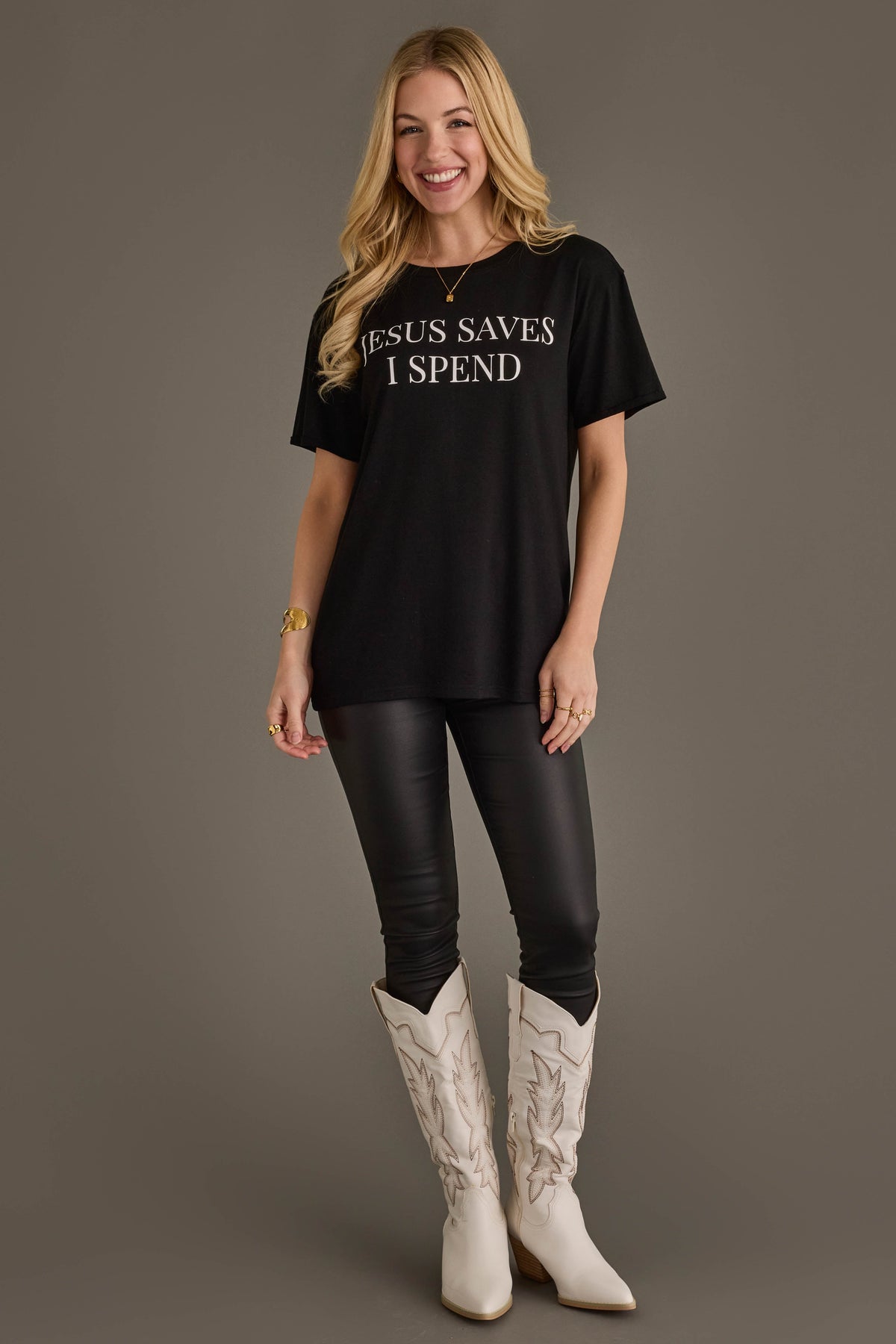 Panache Jesus Saves, I Spend Tee in Black - full length view
