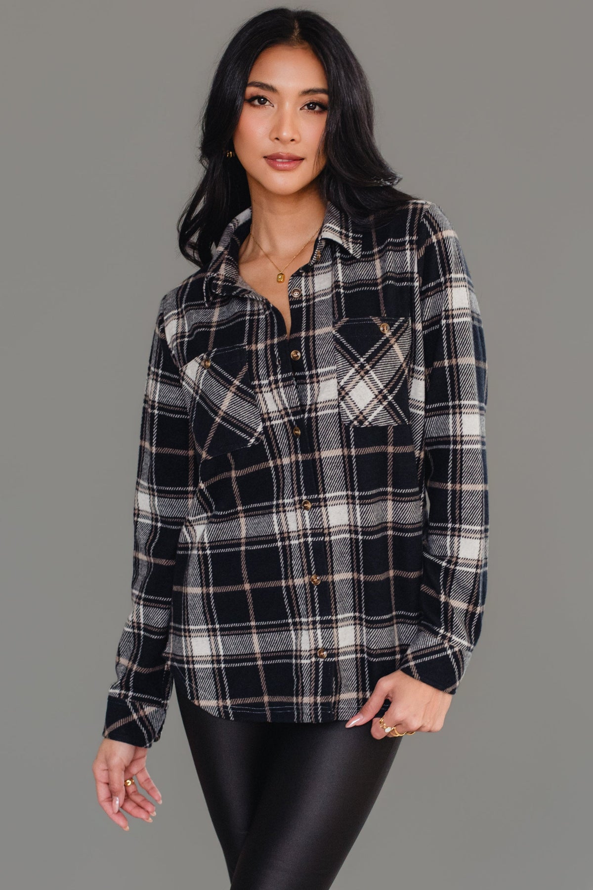 Panache Tan, White and Black Plaid Button Up - side view