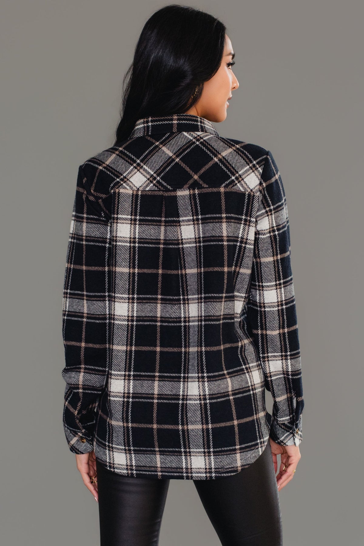 Panache Tan, White and Black Plaid Button Up - back view