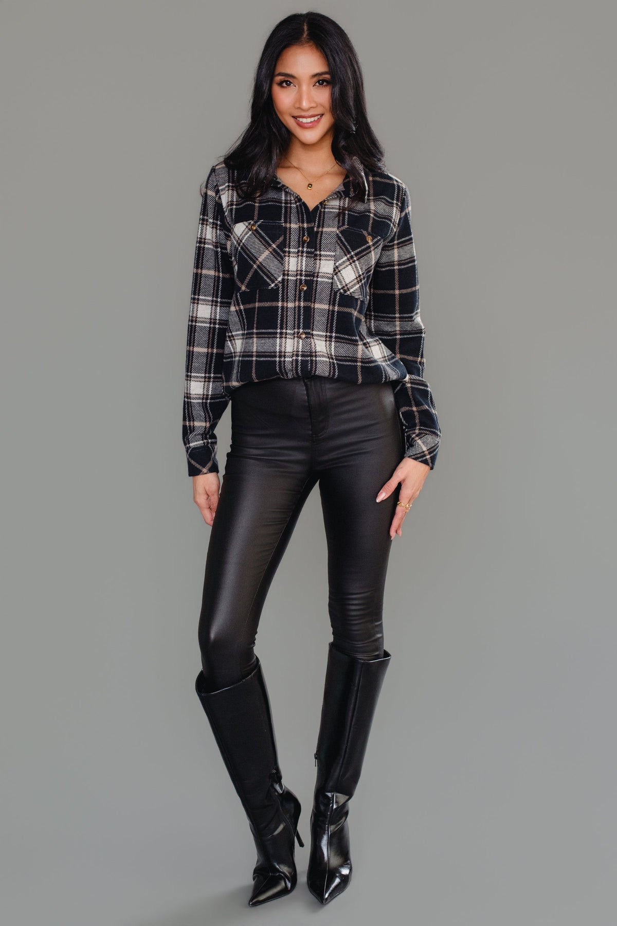 Panache Tan, White and Black Plaid Button Up - front styled view