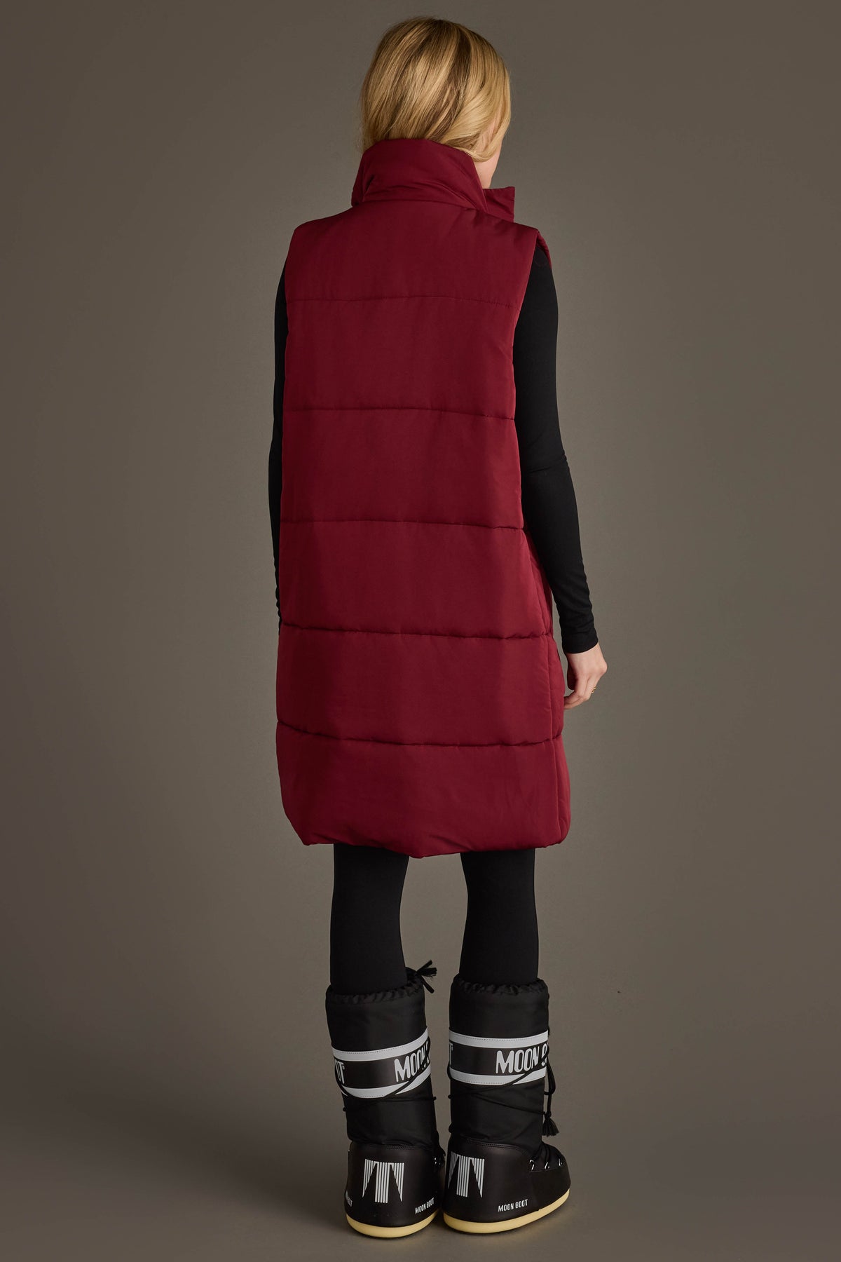 Panache Long Puffer Vest in Burgundy - back view