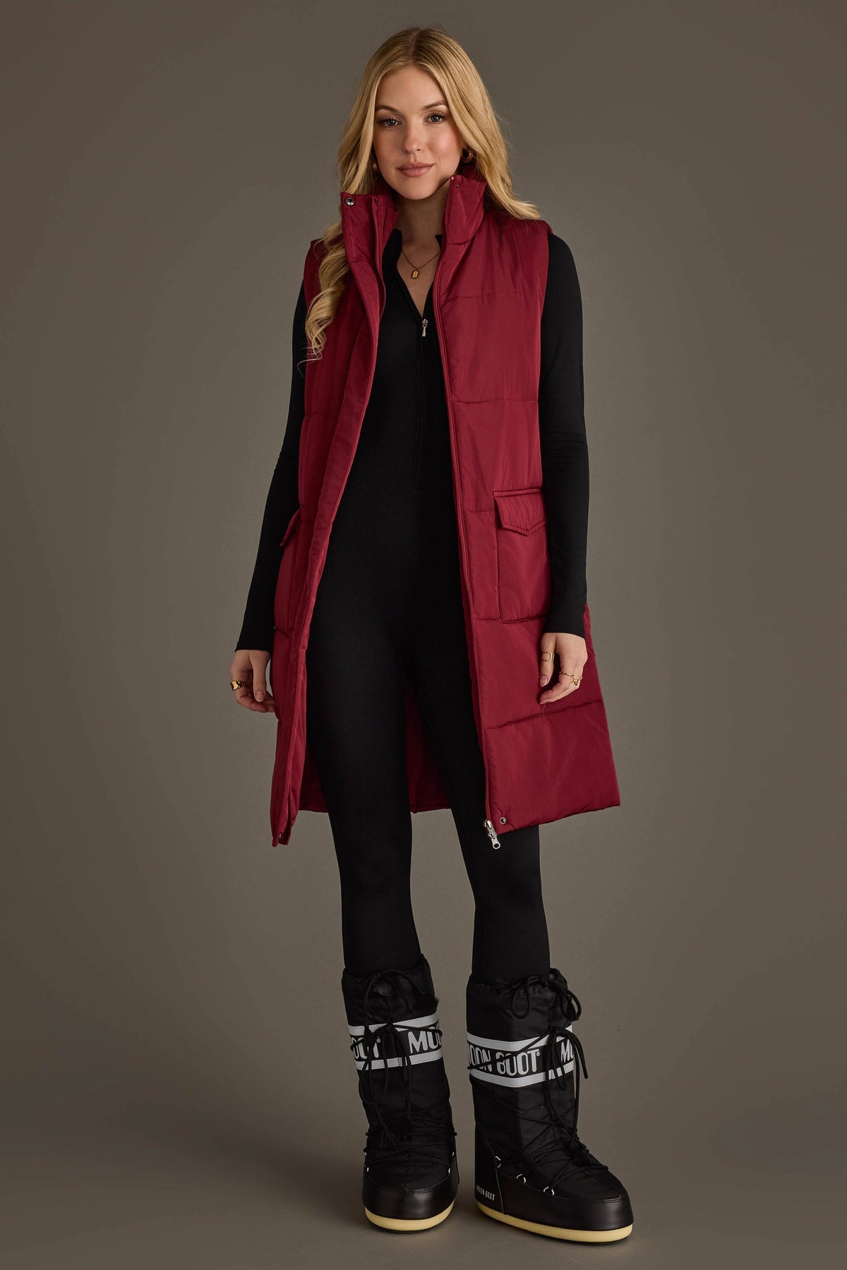 Panache Long Puffer Vest in Burgundy - front view