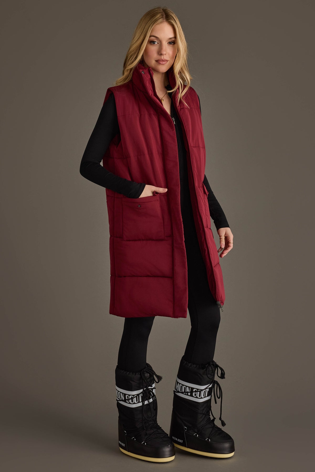 Panache Long Puffer Vest in Burgundy - side view