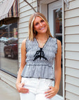 Elan Gingham Peplum Tie Front Top - White/Black