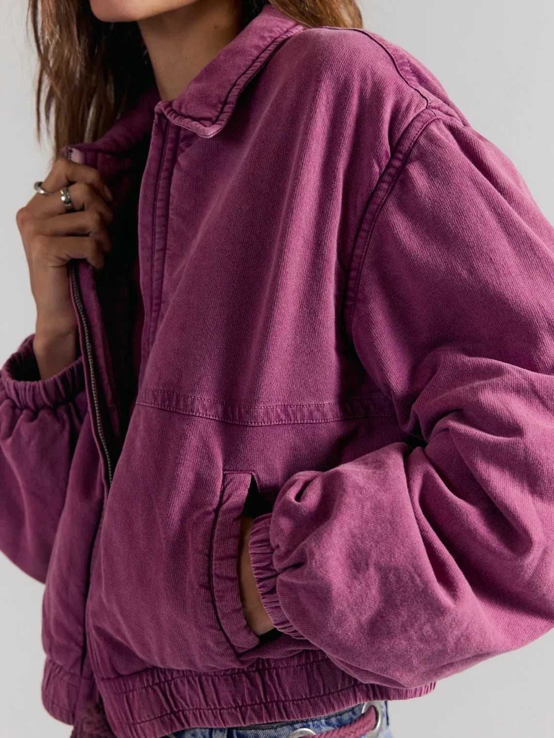 Free People Birdie Jacket in Rouge - detail view, cotton twill and shirred hem
