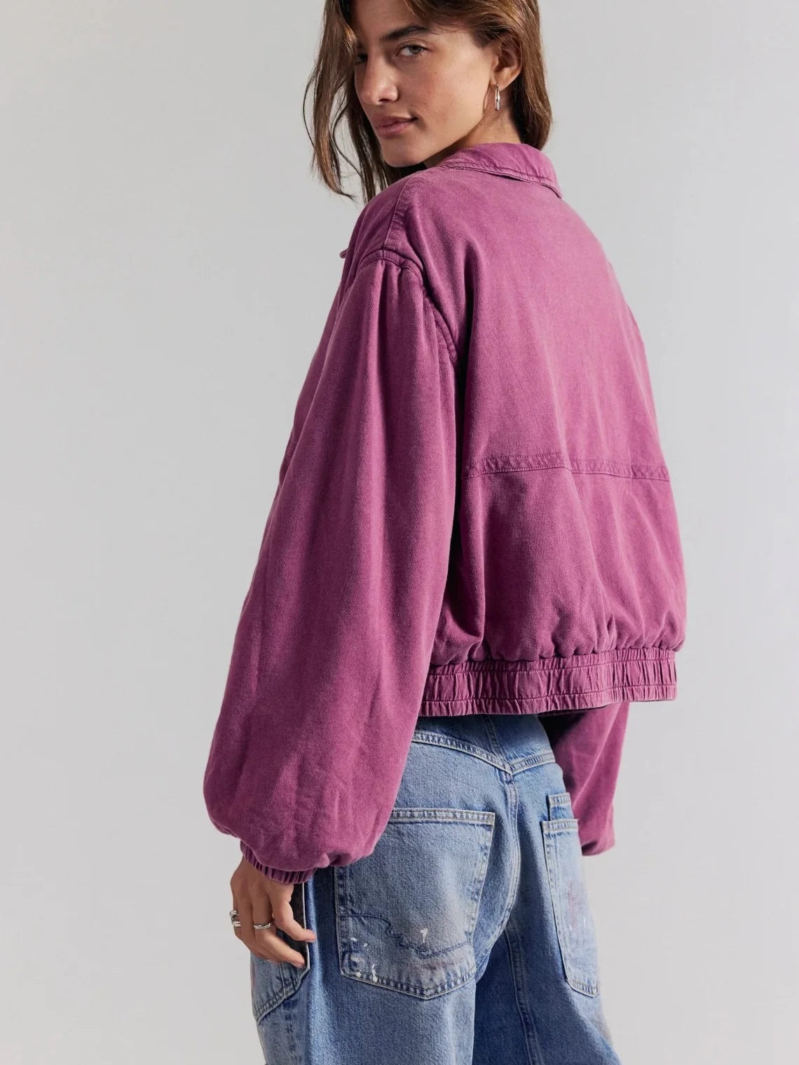 Free People Birdie Jacket in Rouge - worn, zip-front bomber