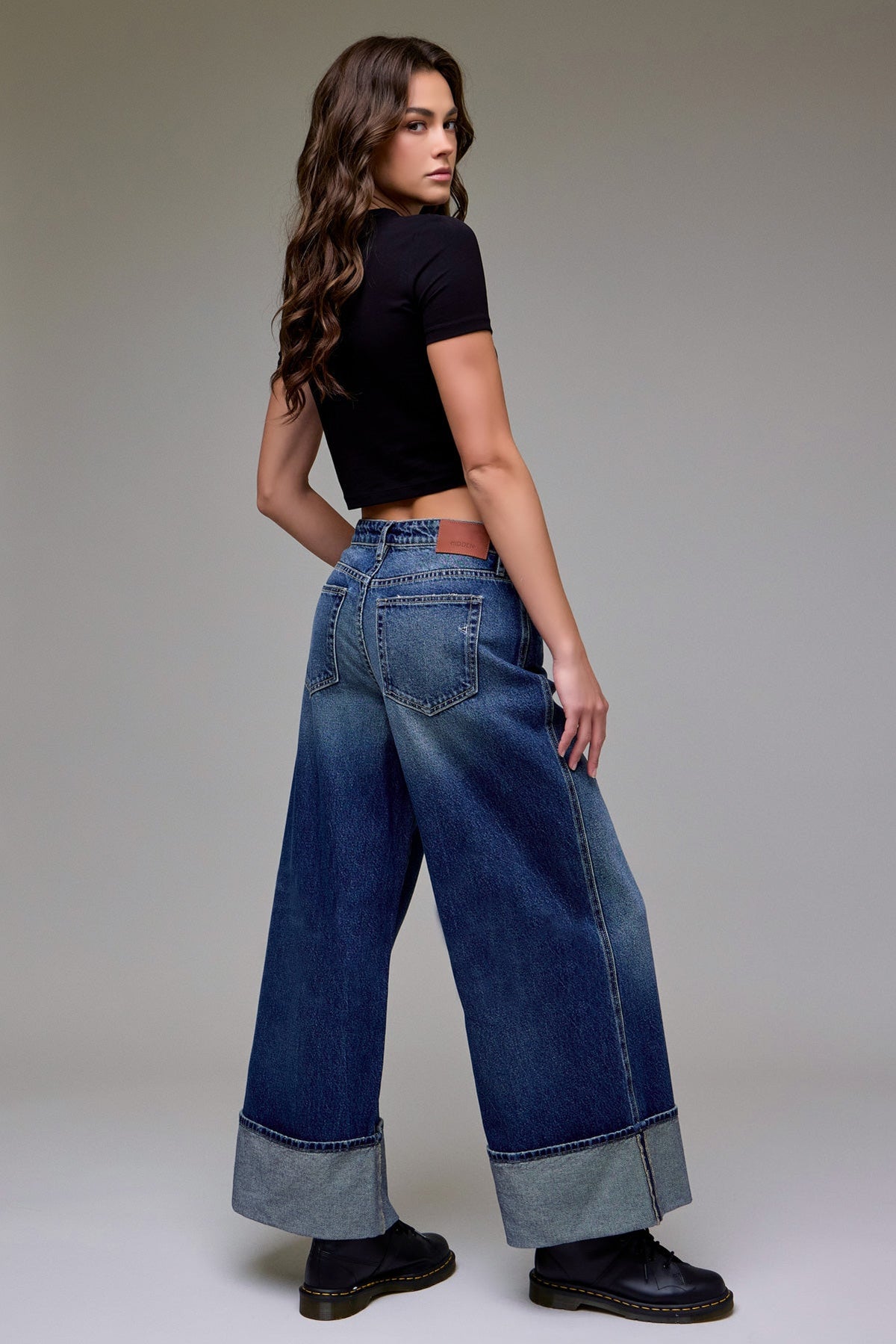 Hidden Nori Cuffed Wide Leg Jean in Dark Wash - side