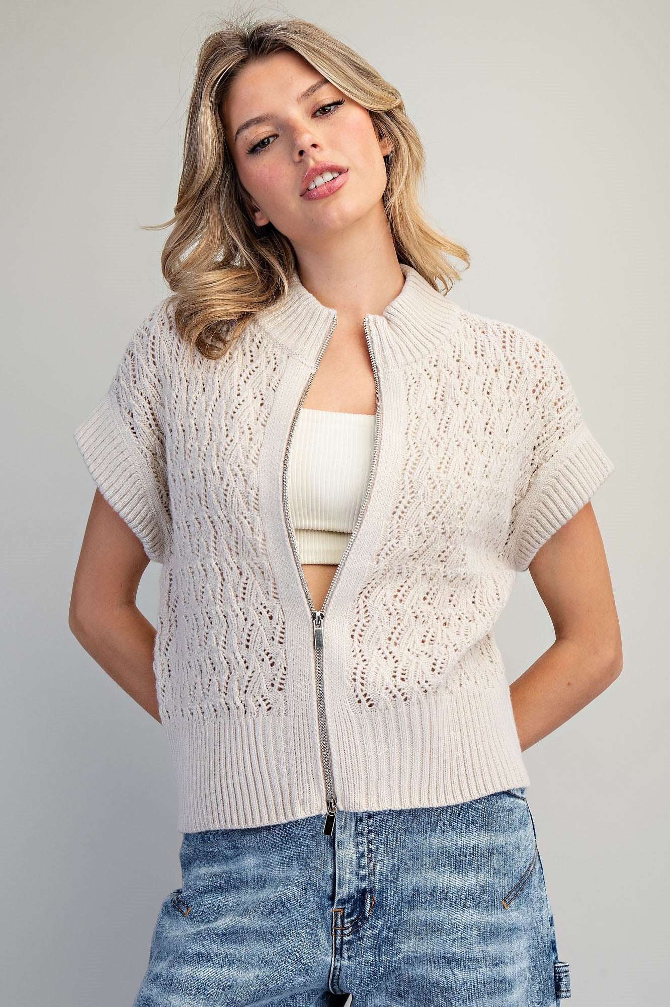 Eesome Zipper Front Short Sleeve Cardigan - Sand
