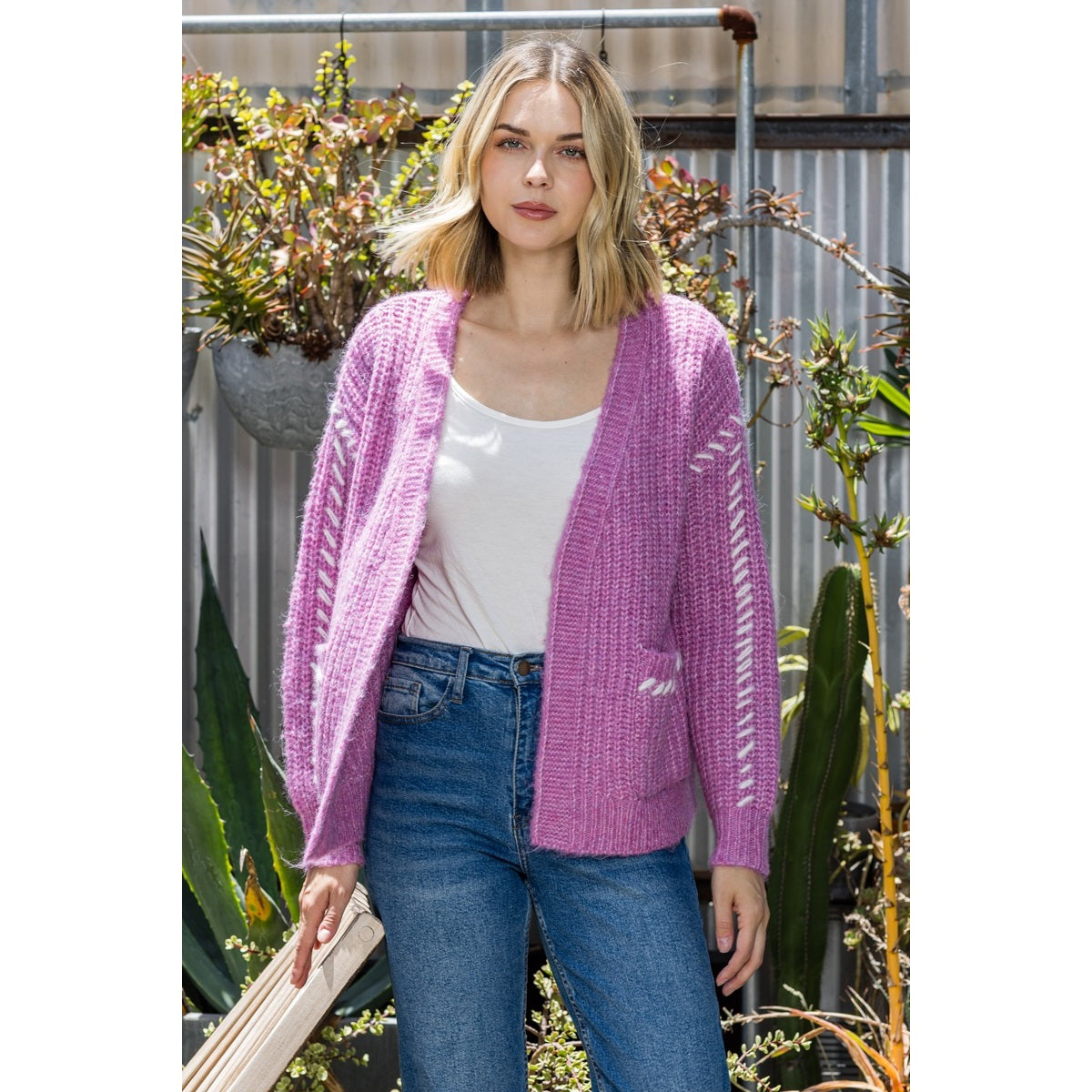 Staccato Stitch Accent Cardigan - Pink