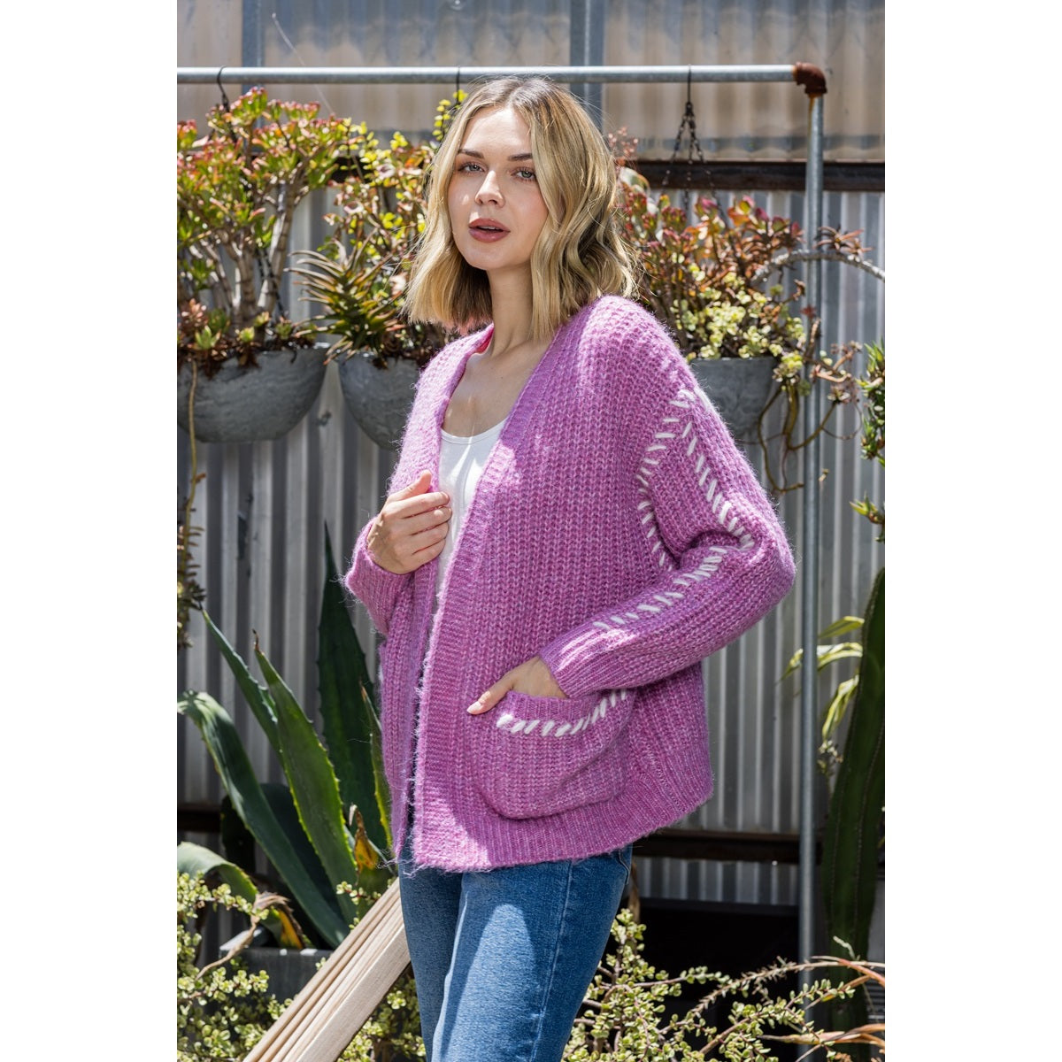 Staccato Stitch Accent Cardigan - Pink