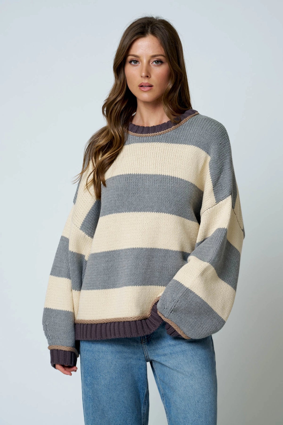 Blu Pepper Oversized Stripe Sweater - Grey