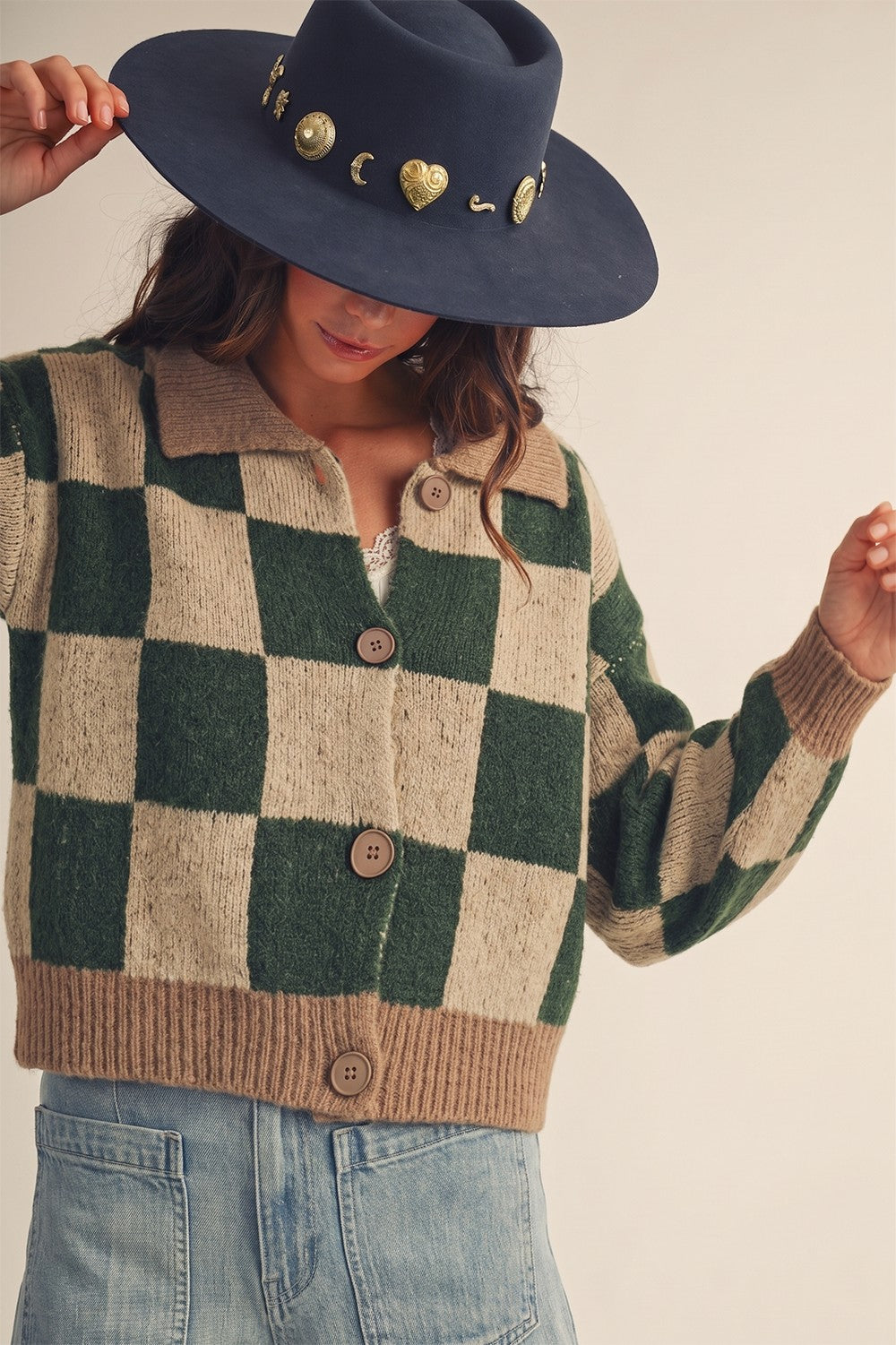 LovLov Checkered Cardigan - Taupe/Hunter Green
