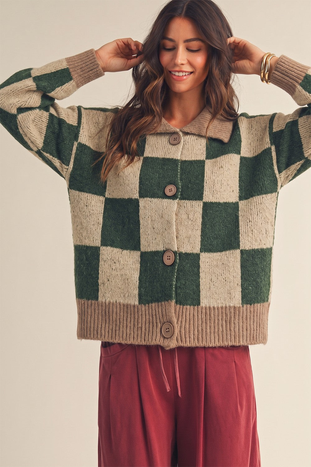 LovLov Checkered Cardigan - Taupe/Hunter Green