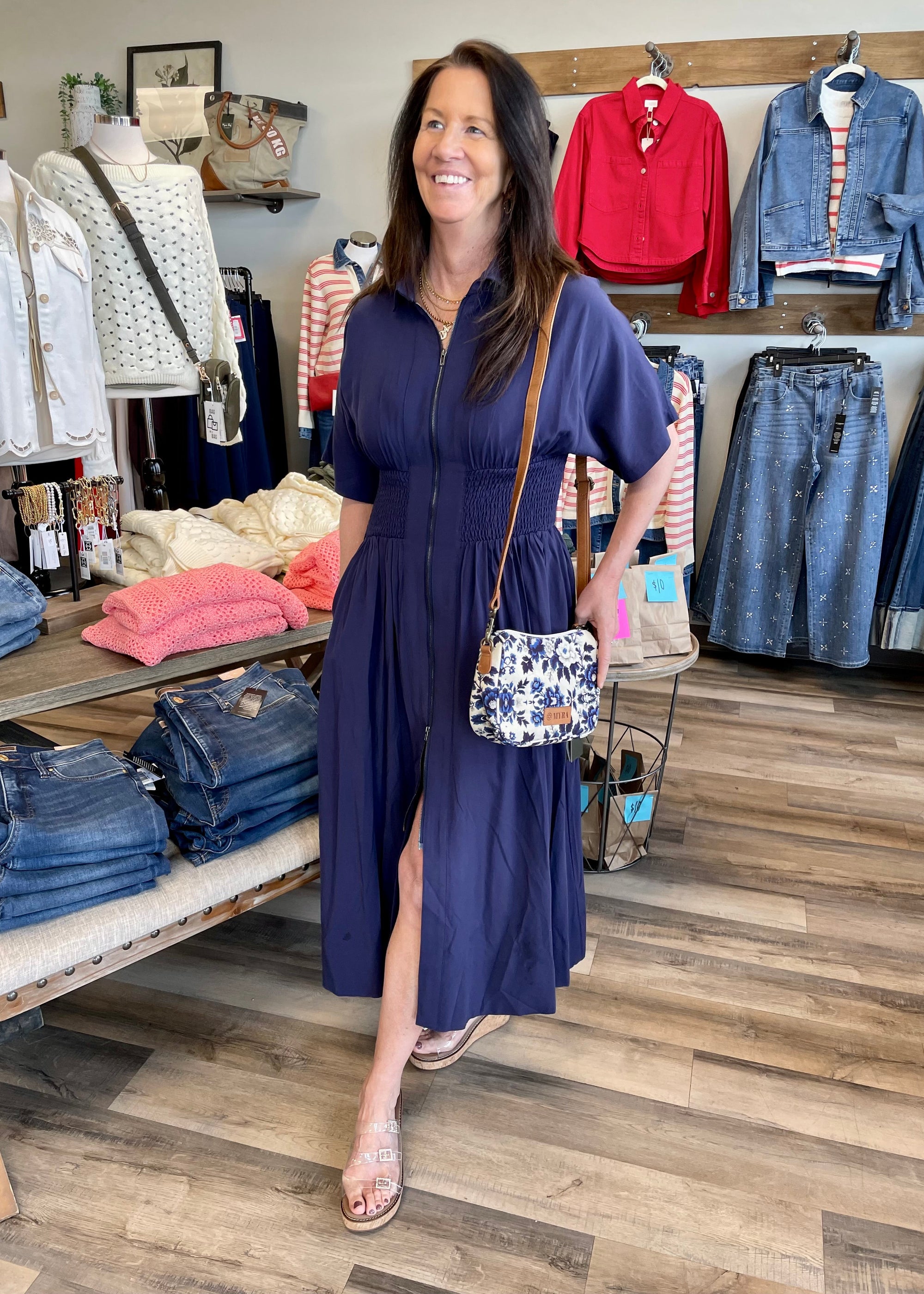 ELAN | MIDI SMOCKED DRESS | NAVY